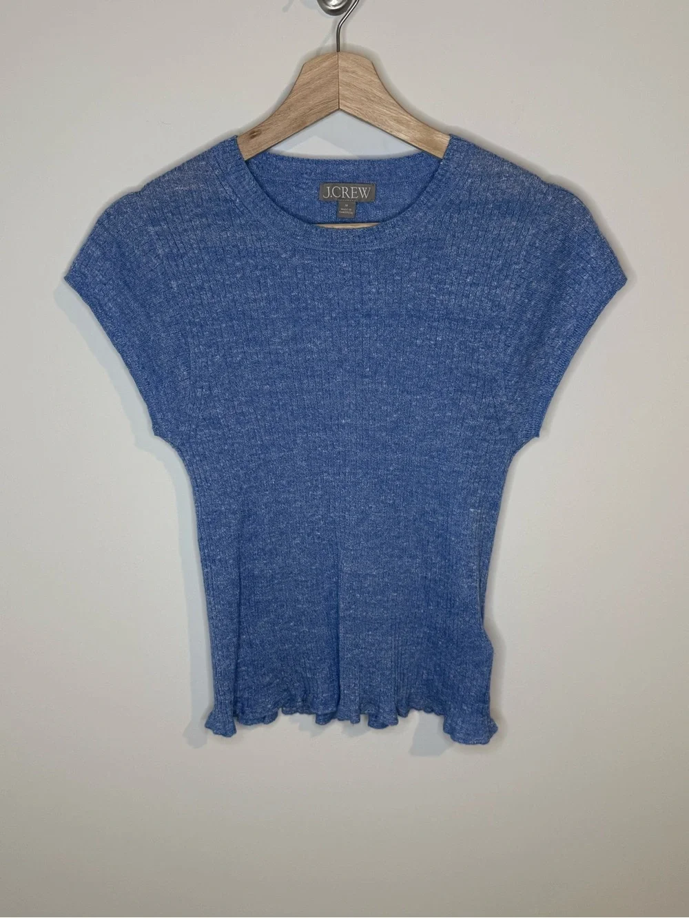 J. Crew Blue Short Sleeve Ribbed Knit Top Merino Wool/Linen Blend |M